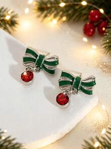 1 Pair Fashionable High-End Elegant Exquisite Cute Bowknot Oil Drop Christmas Earrings Suitable For Christmas Party Wear Friend Gift - Red Green - View 3