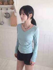 Waist-Cinching Slim Fit V-Neck Korean Style Lazy Slimming Long Sleeve Base Layer T-Shirt - Mint Blue - View 6