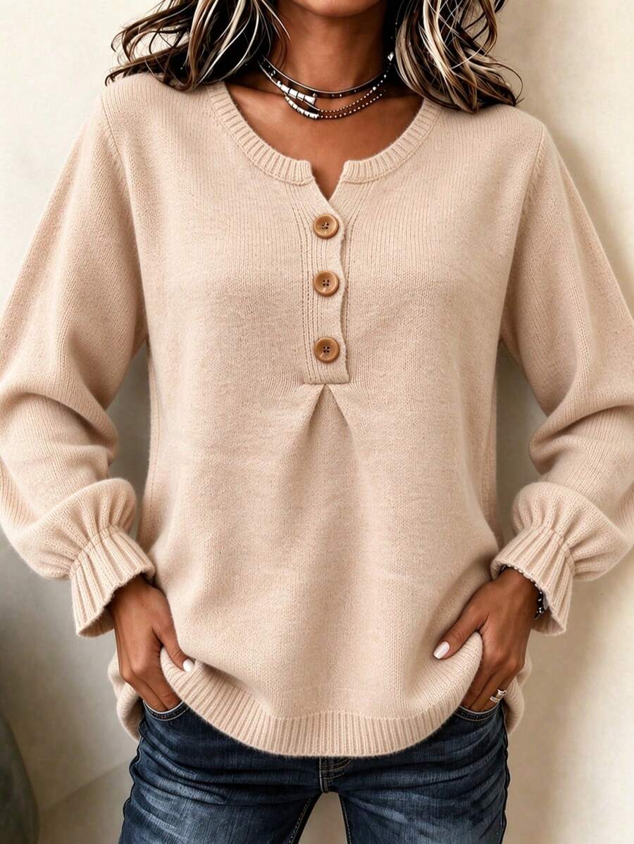 Women's Elegant Long Sleeve Top, Keyhole Henley Collar With Wooden Buttons, Front Pleated Design, Puff Sleeve Pullover