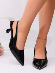 1 đôi giày cao gót slingback nữ mũi nhọn bằng da bóng mềm, màu trơn không trang trí, chống trượt, thanh lịch cho đám cưới, tiệc tùng và ngày lễ - màu đen - Xem 1