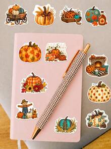 50Pcs PP Decorative Pumpkin Collector Stickers, Retro Country Harvest Watercolor Style, Including Patterned Pumpkins, Coffee Cups, Pinecones, Bows, Warm Light Elements, For Journal Collage, Tablet, Notebook, Storage Box, DIY Craft Decoration - Multicolor - View 5