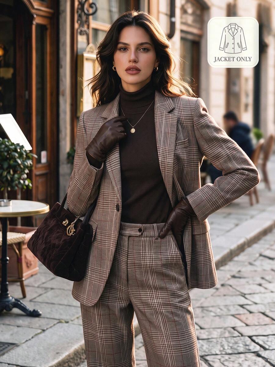 DONICY Women's Autumn Plaid Blazer Jacket, Lapel Single-Button Slim Fit Commuter Jacket - Multicolor - View 1