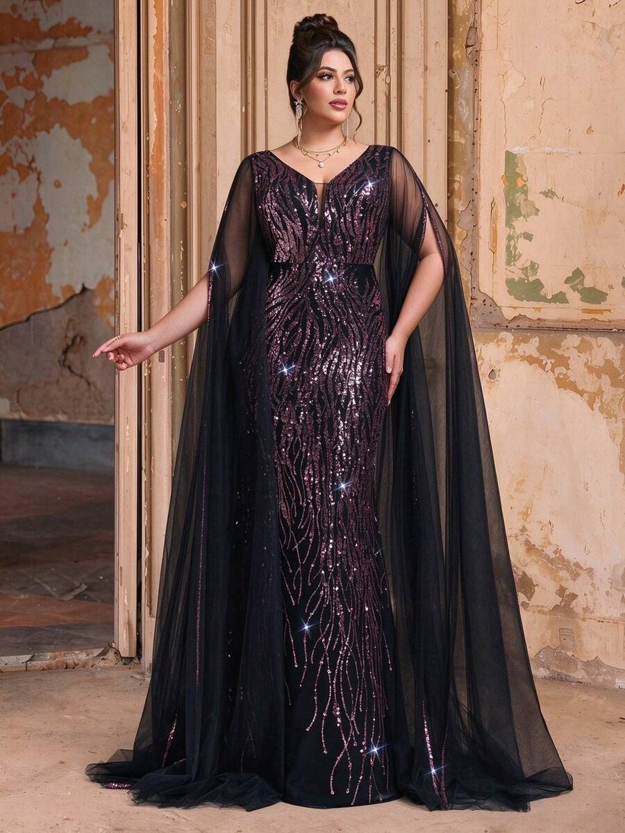 MGIACY Plus Size Women's V-Neck Mesh Cold Shoulder Double Layer Fitted Sequin Maxi Dress, Suitable For Wedding Guest, Prom, Birthday And Holiday Party - Pink - View 1