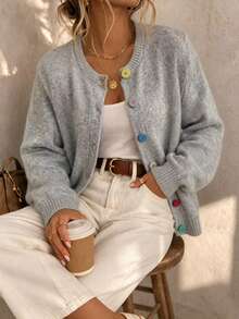 Plus Size Women Solid Color Single-Breasted Casual Versatile Daily Long Sleeve Cardigan - Light Grey - View 4