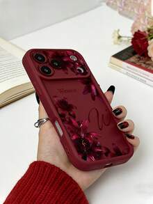 Custom Name Letter Phone Case, Lily Frame Pattern TPU Thickened Full Coverage Shockproof Silicone Lens Protection Shell, Suitable For 16Pro/15 - Burgundy - View 4