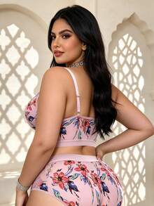 Conjunto de lencería con sujetador floral para mujer talla grande Temptuelle, lencería suave y cómoda sin aros - Rosa - Ver 2