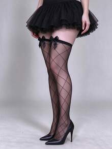 1 Pair Y2K Black Sheer Thigh High Socks, Diamond Pattern & Bow Over The Knee Stockings For Women Party - Multicolor - View 4