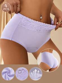 XGDFAY 4pcs Women's Mid-Waist Period Panties, Leak-Proof Extended Back Design, Lace Patchwork Bodycon Triangle Briefs, Soft And Comfortable, Multi-Color Assortment, Suitable For Menstrual And Daily Wear - Multicolor - View 3