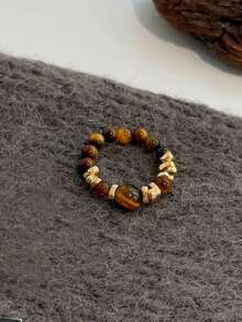 1pc Old Money Style Faux Tiger Eye Elastic Cord Single Ring, Suitable For Women's Casual And Party Wear - Golden Yellow + Brown - View 6