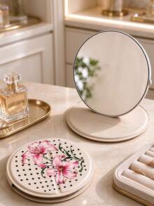 Polka Dot Red Flower Folding Mirror, Leather Version, Portable Travel Use, High-End Style, Suitable For Desktop Display, Mini Size, Compact Makeup Mirror - Multicolor - View 8