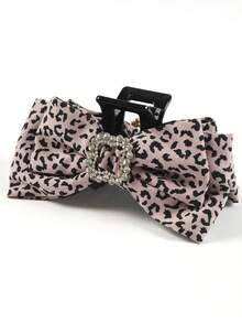 1pc Large Pink Leopard Print Bow Rhinestone Hair Claw Clip, Suitable For Daily Commute In Autumn/Winter - Pink - View 1