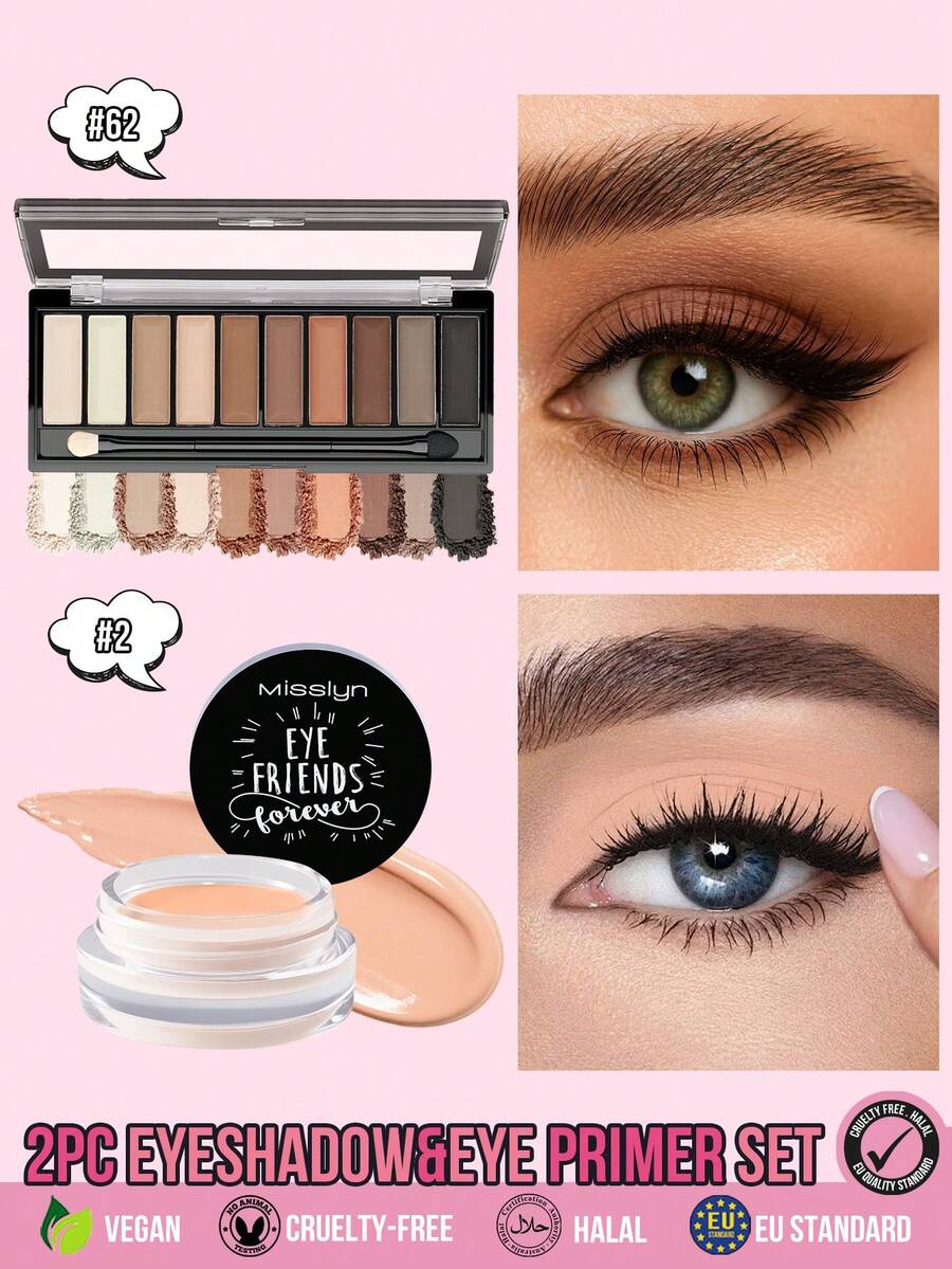 MISSLYN 2pcs Eye Makeup Set, Essential Eyeshadow Shades, Eye Friends Forever Eye Primer, Waterproof And Smudge-Proof Formula Enhances Color Payoff, Suitable For Back To School, Halloween Looks And Daily Commute - #Set1 - View 1