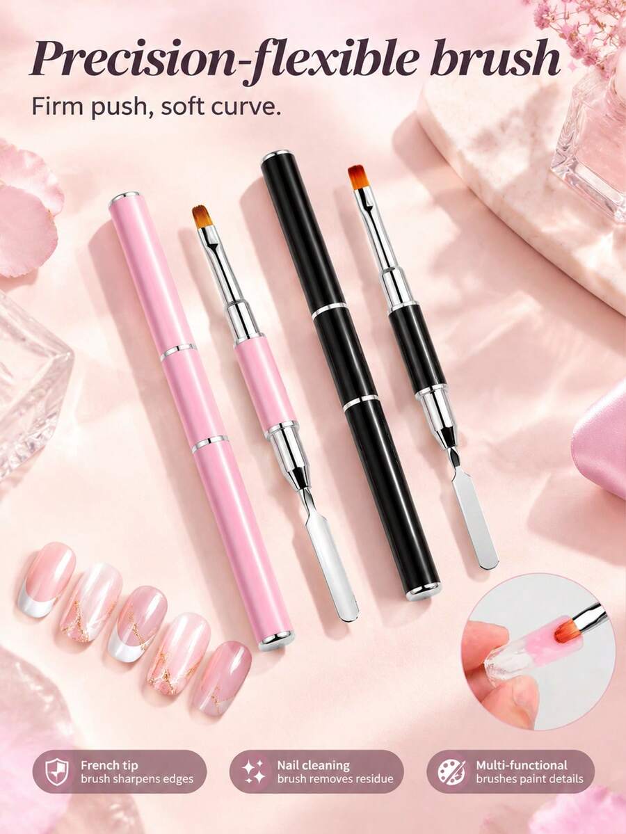 2pcs, ChristmasProfessional Nail Art Brushes – 2-In-1 Multifunctional Precision Brush Set. Features Include French Tip Shaping, Residue Cleanup, And Detailed Painting. Suitable For Both Professional Nail Technicians And DIY Enthusiasts. - Multicolor - View 1