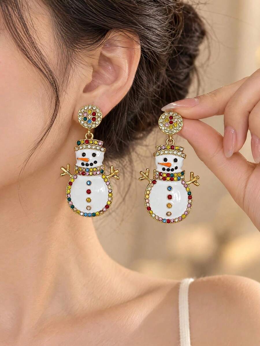 歐美風聖誕耳環，高級感雪人耳環，營造聖誕氛圍，適合女性，高端風格（水鑽顏色隨機裝飾） - 彩色 - 查看 1