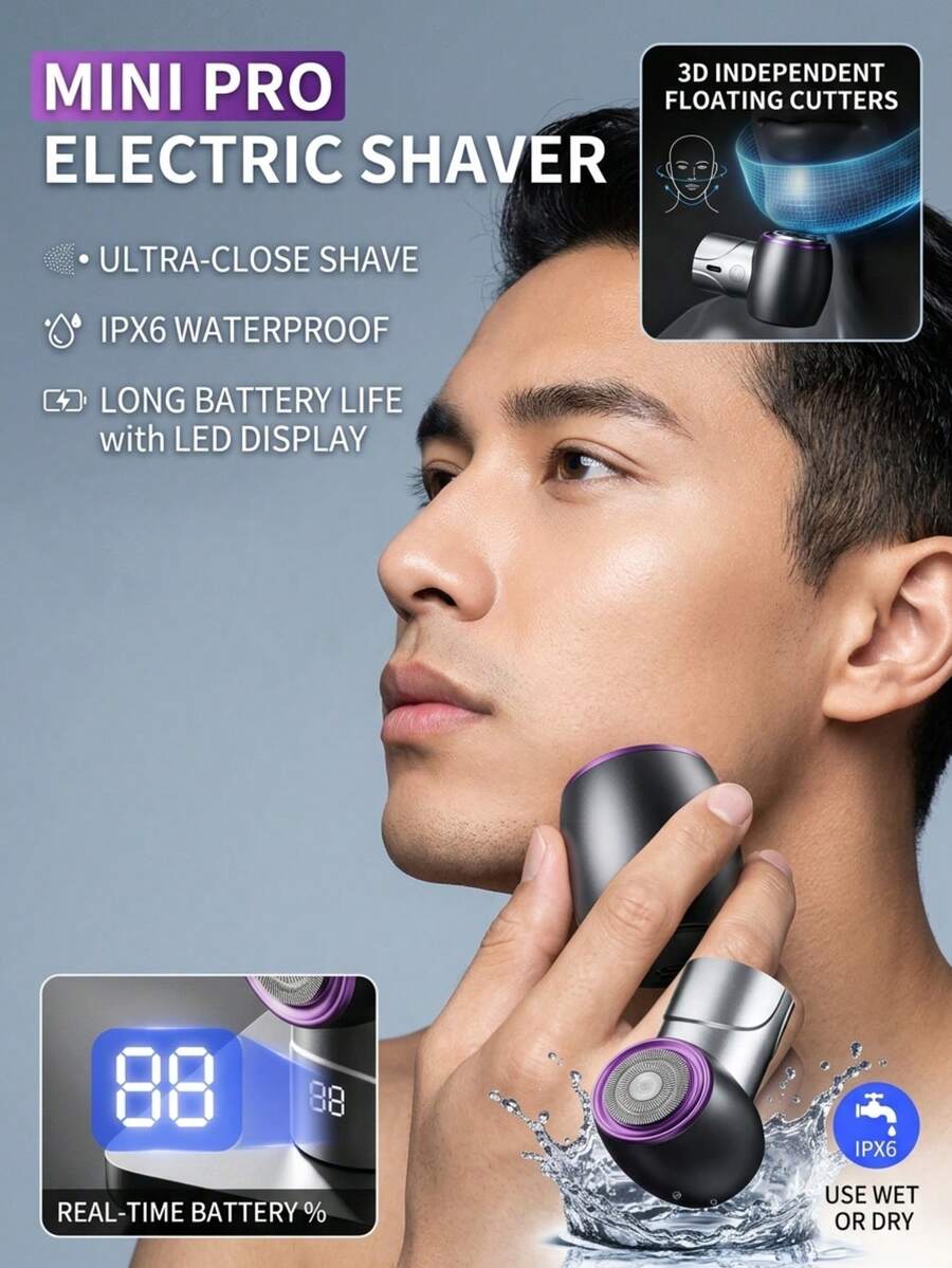 Portable Mini Electric Shaver For Men, Pocket Beard Trimmer With LED Screen, IPX6 Washable Type-C Fast Charge Electric Razor, 3D Curved Dual Ring Magnetic Head Grooming Razor For Travel Home - Multicolor - View 1