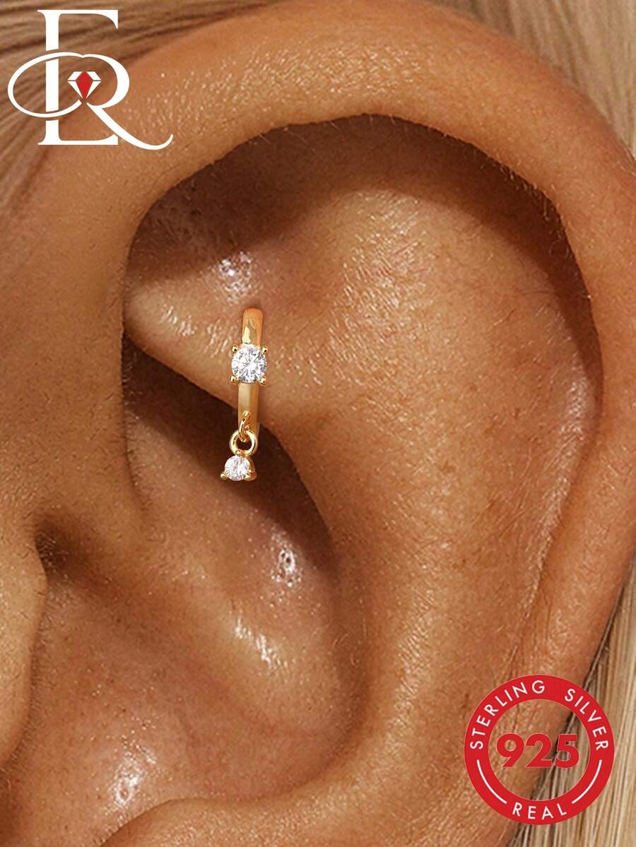 EleRunis 1pc 925 Sterling Silver Classic Cubic Zirconia Ear Bone Earring, 18K Gold Plated Conch Ear Cartilage Stud, Women's Ear Cartilage Earring, Suitable For Daily Wear And Parties