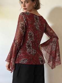Boho Women Blouse Floral Printed Mesh Top Deep V Neck Flare Sleeve Slim Fit Tee Fall Vacation - Red - View 2