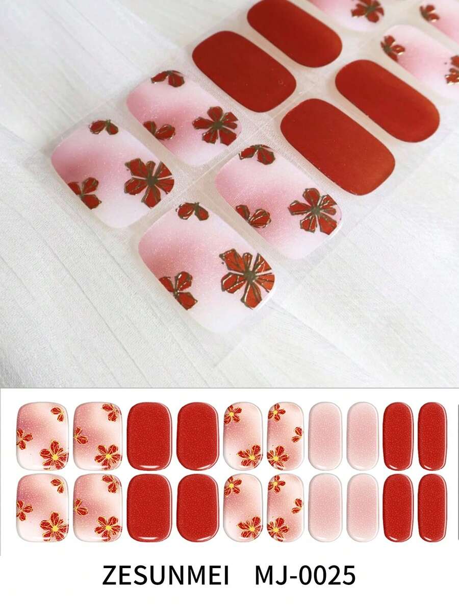 Christmas Semi Cured Gel Nail Strips, 20Pcs Long Lasting Salon Quality Wraps, Easy Apply & Remove Gel Nail Stickers With UV Light