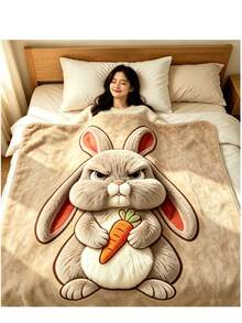 1pc Funny Angry Four-Ear Rabbit Carrot Pattern Flannel Blanket, Super Soft Comfortable Lightweight Cartoon Rabbit Print Fleece Blanket, Warm Nap Blanket, Suitable For Sofa Bed Office Camping, Cute Animal Home Decor Gift - Multicolor - View 1