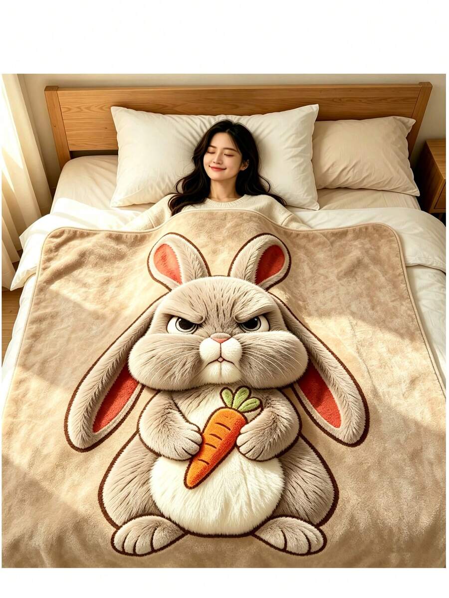 1pc Funny Angry Four-Ear Rabbit Carrot Pattern Flannel Blanket, Super Soft Comfortable Lightweight Cartoon Rabbit Print Fleece Blanket, Warm Nap Blanket, Suitable For Sofa Bed Office Camping, Cute Animal Home Decor Gift - Multicolor - View 1