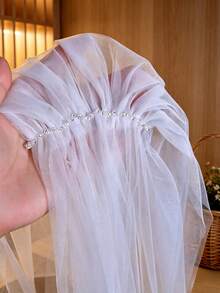 1Pair Draping Long Train Wedding Shoulder Cape, White Sheer Tulle Shoulder Drape, Rhinestone Decor Pin Fixed Bridal Accessory - Multicolor - View 6