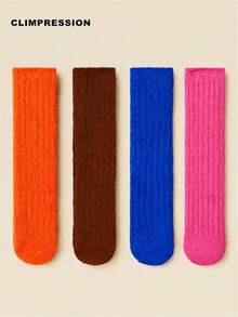 CLIMPRESSION Christmas Mid-Calf Socks, Plush Coral Fleece Warm Slippers Socks With Pom Poms, Holiday Role Play Indoor Floor Socks - Orange - View 7