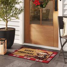1pc Highland Cow Merry Christmas Felt Non Slip Doormat, Santa Hat Plaid Scarf Print Floor Mat, Water Absorbent Washable Rug, Indoor Front Door Entryway Mat, Kitchen Hallway Home Decor Carpet, Stain Resistant Easy Clean Xmas Floor Rug - B - View 3