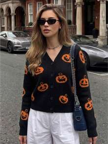 Plus Size Women's Halloween Pumpkin Jacquard Pattern Autumn Long Sleeve Loose Cardigan Sweater - Black - View 1