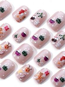 24Pcs Short Square Christmas Press On Nails Gingerbread Man Reindeer Glitter Design Reusable Nail Kit For Women Xmas Party - Multicolor - View 4