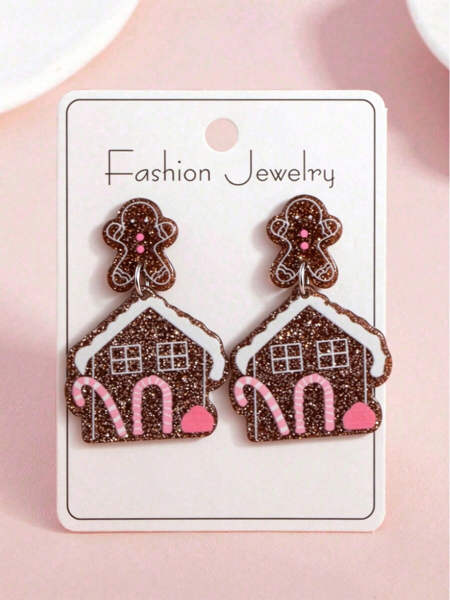 1 Pair Christmas Pendant Earrings, Fun Cute Playful Design Party Earrings, New Year Earrings (Card Not Included) - Gingerbread House - View 1