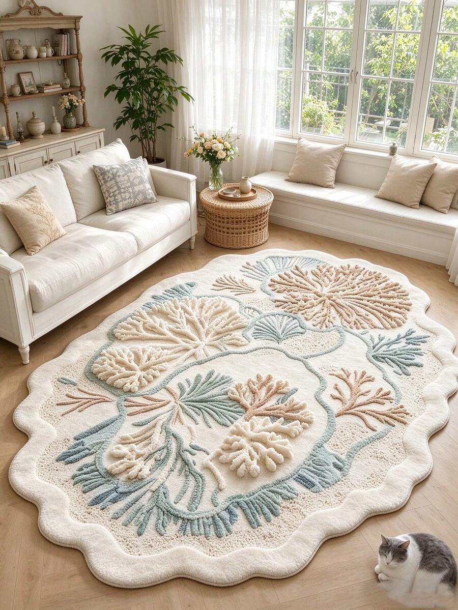 1pc Lace Coral Asymmetrical Shaped Rug, Living Room Carpet, Area Rug, Large Rug, Floor Mat, Living Room Large Rug, Door Mat, Bathroom Mat - Multicolor - View 1