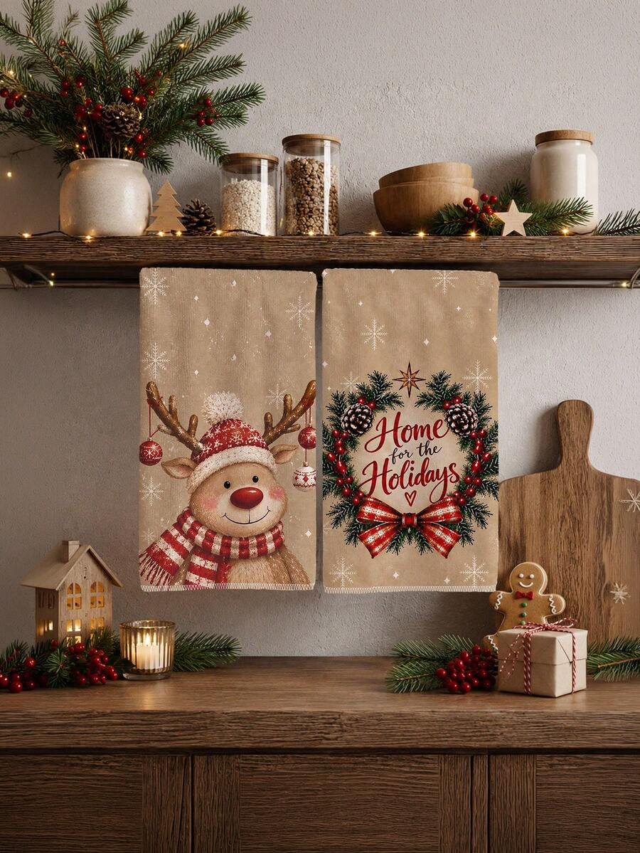 2pcs Christmas Cartoon Cute Gingerbread Man Pattern Kitchen Towels, Soft Polyester Material Dish Cloths, Suitable For Kitchen Decoration, Kitchen Cleaning, Holiday Party Decor, Kitchen Bathroom Supplies Home Essentials, Home Decor, Housewarming Gift - Brown - View 1
