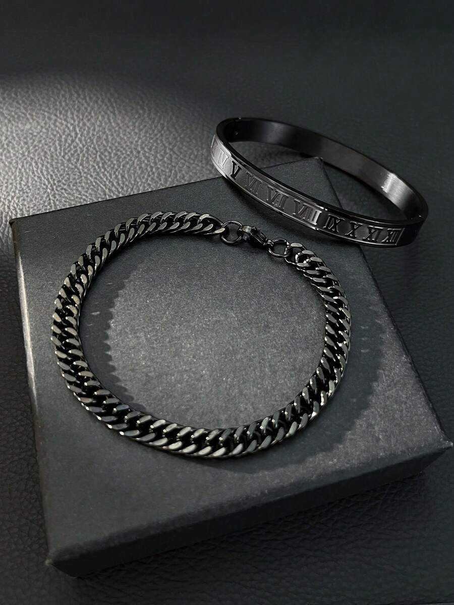 Men 2Pcs Stainless Steel Black Roman Numeral Engraved Bangle & Cuban Chain Bracelet Set Minimalist Streetwear Jewelry - Black - View 1