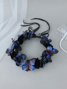 1pc Black Rose & Blue Butterfly Flower Crown Headband Ribbon Tie Gothic Fairy Party Photo Props Hair Accessories - Blue-black - View 3