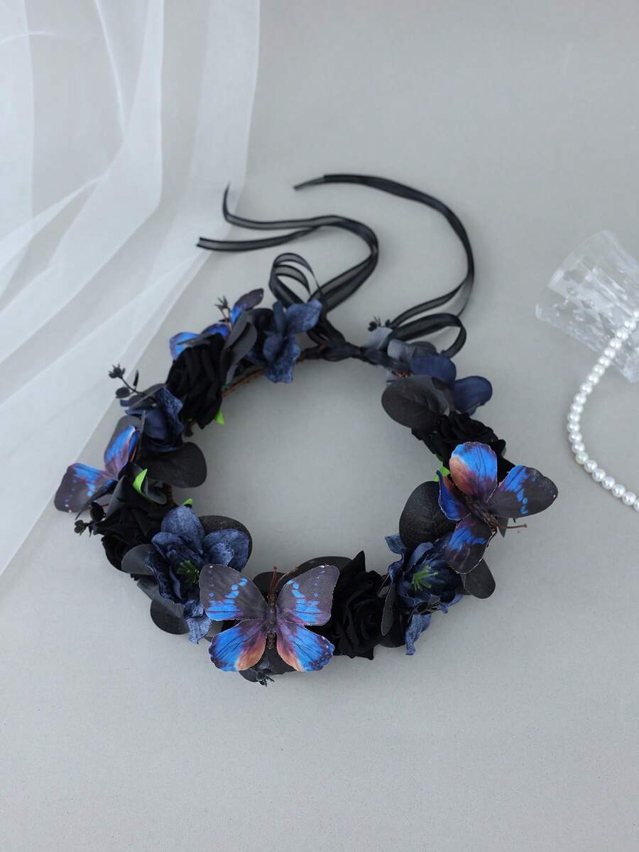 1pc Black Rose & Blue Butterfly Flower Crown Headband Ribbon Tie Gothic Fairy Party Photo Props Hair Accessories - Blue-black - View 1