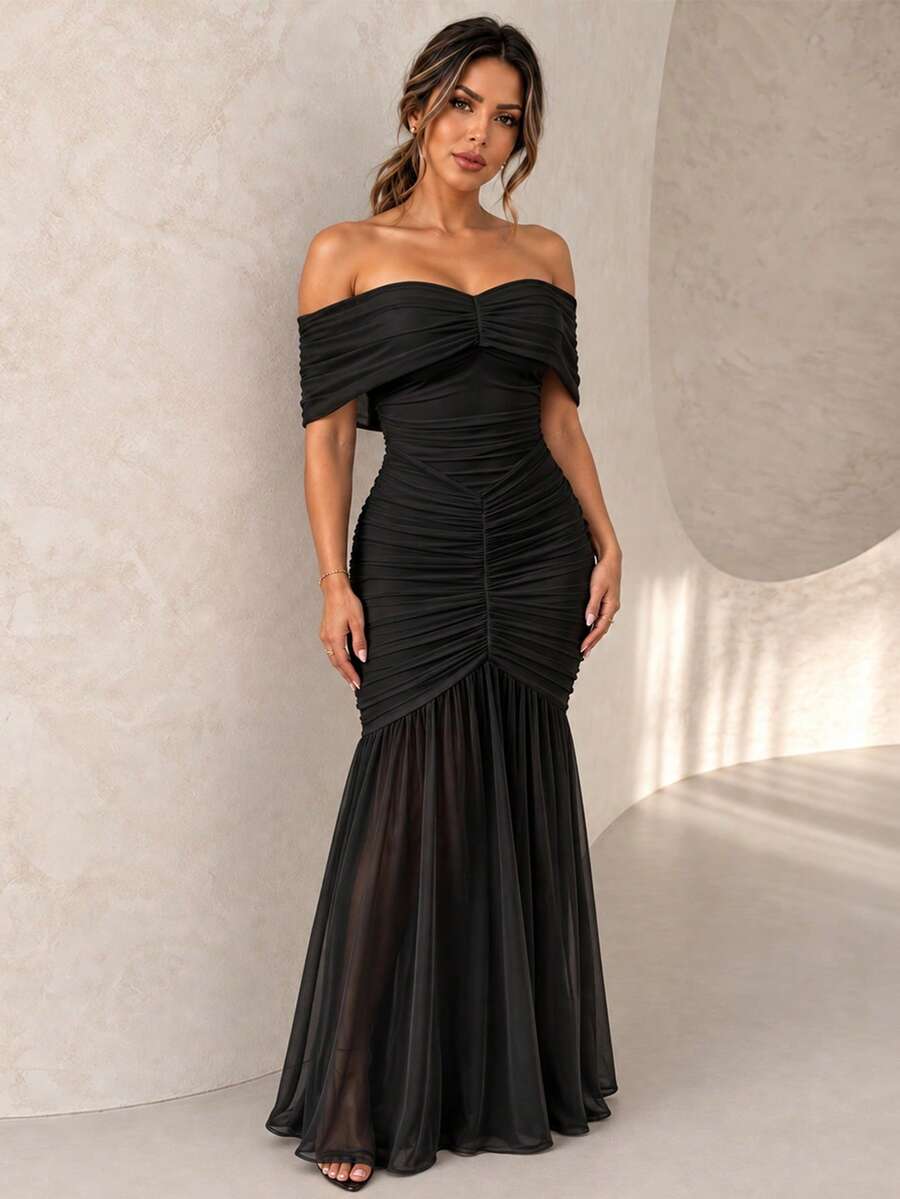 ChicMe Women's Cold Shoulder Ruched Long Dress, Sleeveless Mermaid Hem, Slim Fit, Elegant Cocktail Party Maxi Dress