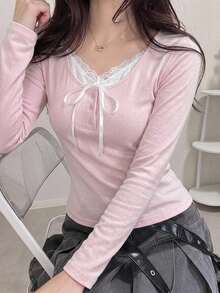 FRIFUL Weekend Women's Pink Lace Patchwork White Slim Fit Contrast Color Casual Daily Long Sleeve T-Shirt For Dating Fall - Pink - View 3