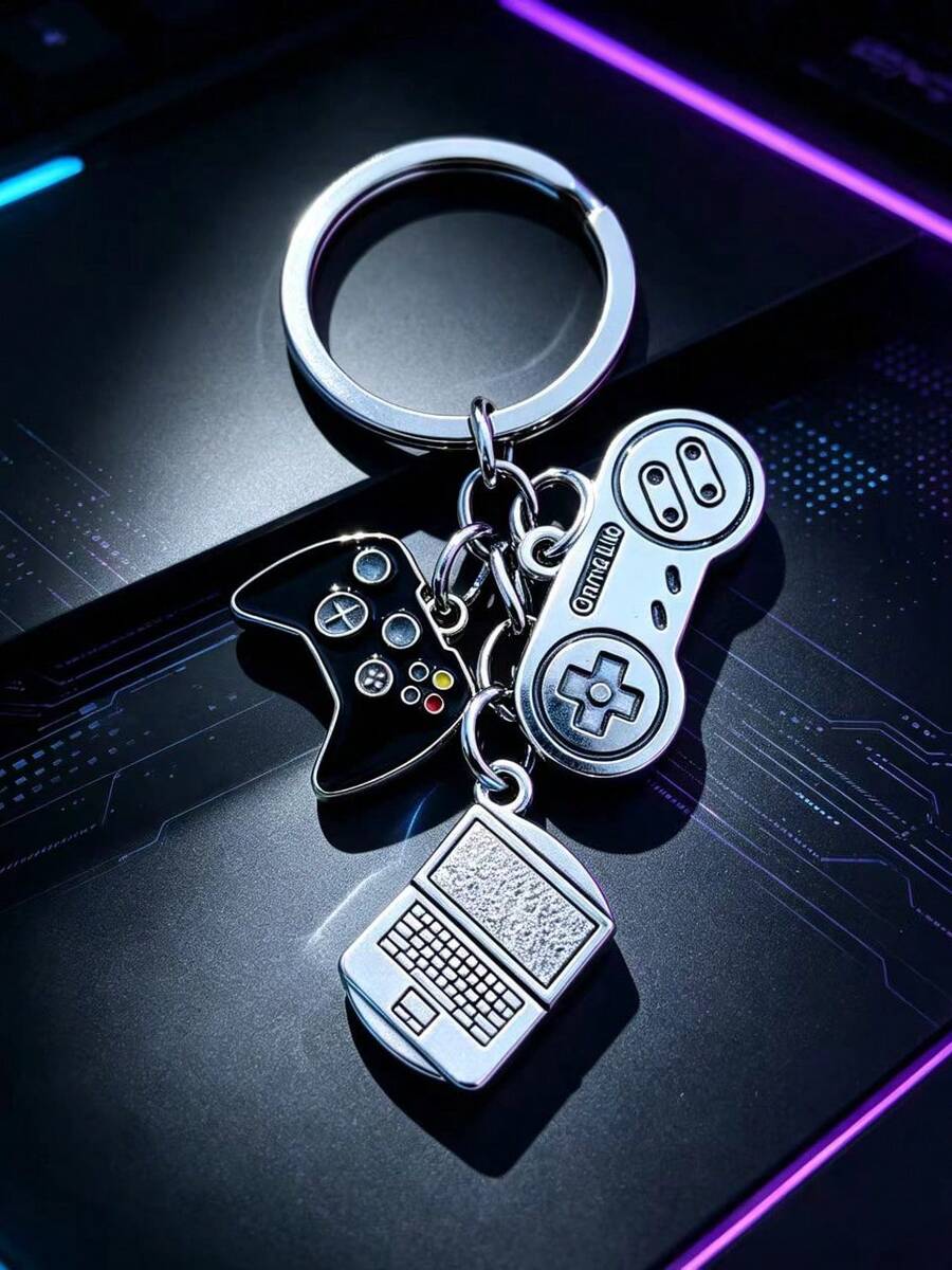 1pcGame Controller Keychain, Mini Gamepad & Laptop Charm Key Ring, Video Game Themed Keychain, Gamer Gift For Men Boys Backpack Pendant - Multicolor - View 1