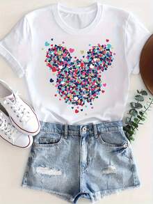 Camiseta Casual Estampada para Mujeres, 1 pieza, Camiseta Oversized de Princesa con Orejas de , Linda Camiseta Casual de Verano con Diseño de Lentejuelas Vibrantes, Blusa Blanca - Blanco - Ver 1