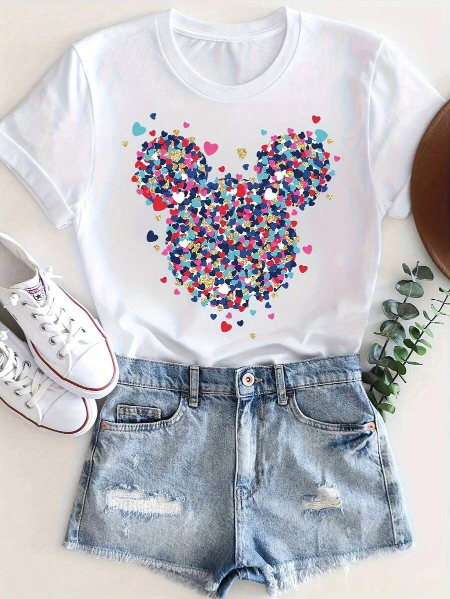 Camiseta Casual Estampada para Mujeres, 1 pieza, Camiseta Oversized de Princesa con Orejas de , Linda Camiseta Casual de Verano con Diseño de Lentejuelas Vibrantes, Blusa Blanca - Blanco - Ver 1