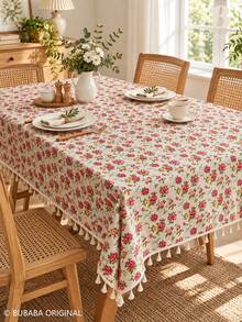 Bubaba 1pc Vintage Red Rose Floral Beige Tassel Edge Rectangular Tablecloth, Country Cottagecore Pastoral Style, Suitable For Kitchen, Dining Room, Party And Daily Home Decor - Multicolor - View 2