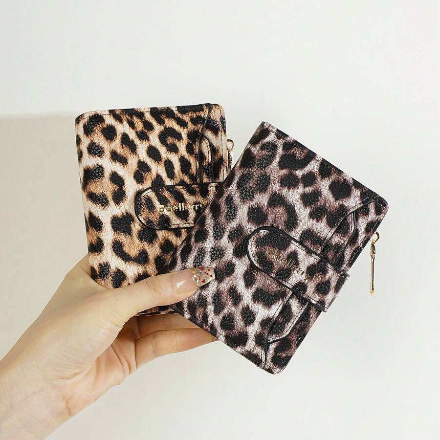 1pc-Baellerry Women's Leopard Print PU Leather Short Bifold Wallet, 10 Card Slots + Transparent ID Window + Side Zipper Coin Pocket, Lightweight Portable Travel Outdoor Commute Card Holder, Gift For Girlfriend