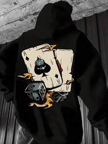 Men's Autumn/Winter Casual Versatile Fashion Minimalist Poker Dice Print Kangaroo Pocket Drawstring Hoodie - Black - View 2