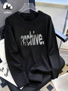 Kaos Lengan Panjang Wanita Arsip Tekstur Usang Cetak Kata Bahasa Inggris Gaya Vintage Amerika Musim Semi/Musim Gugur Kerah Bulat Potongan Longgar 100% Katun Murni - Hitam - View 11