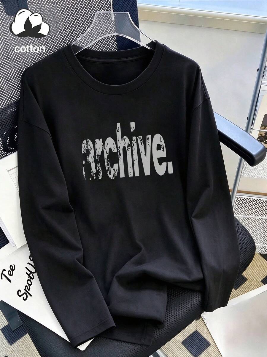 Women's Long Sleeve T-Shirt Archive Distressed Texture English Word Print American Vintage Style Spring/Autumn Crew Neck Loose Fit 100% Pure Cotton - Black - View 1