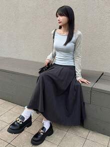 FRIFUL Weekend 女款不對稱肩拼接色塊長袖韓風清新甜美可愛上衣毛衣 - 藍色 - 查看 2