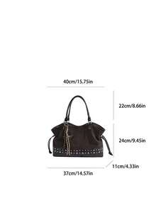 FEISTURE 1pc Large Capacity Rivet Inlaid Suede & PU Patchwork Shoulder Bag, Fashionable Oversized Tote Bag, Suitable For Girls, Women, College Students, New Professionals And White-Collar Workers, Perfect For Work, Business, Commuting, School - Coffee - View 3