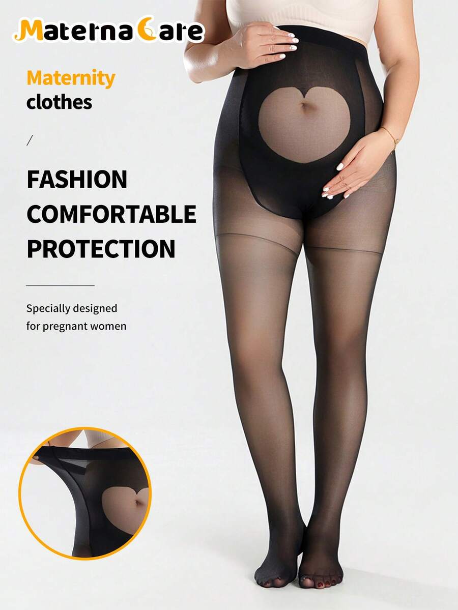 1-Piece Maternity Black Matte Heart Hollow-Out Tummy-Support High-Stretch Slim Comfortable Tights For Spring And Summer Daily Wear - Black - View 1