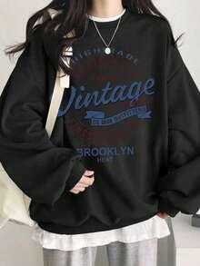 Women's Student Black Contrast Letter Print Long Sleeve Sweatshirt, Loose Casual Comfortable Home Daily Commute Back To School Outfit, Crew Neck Long Sleeve Sweatshirt, Autumn/Winter - Black - View 3