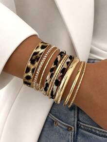 10pcs Vintage Elegant Metal Leopard Print Bracelets Suitable For Women's Daily Wear, Party, Vacation And Multiple Occasions, Gift - Gold - View 1